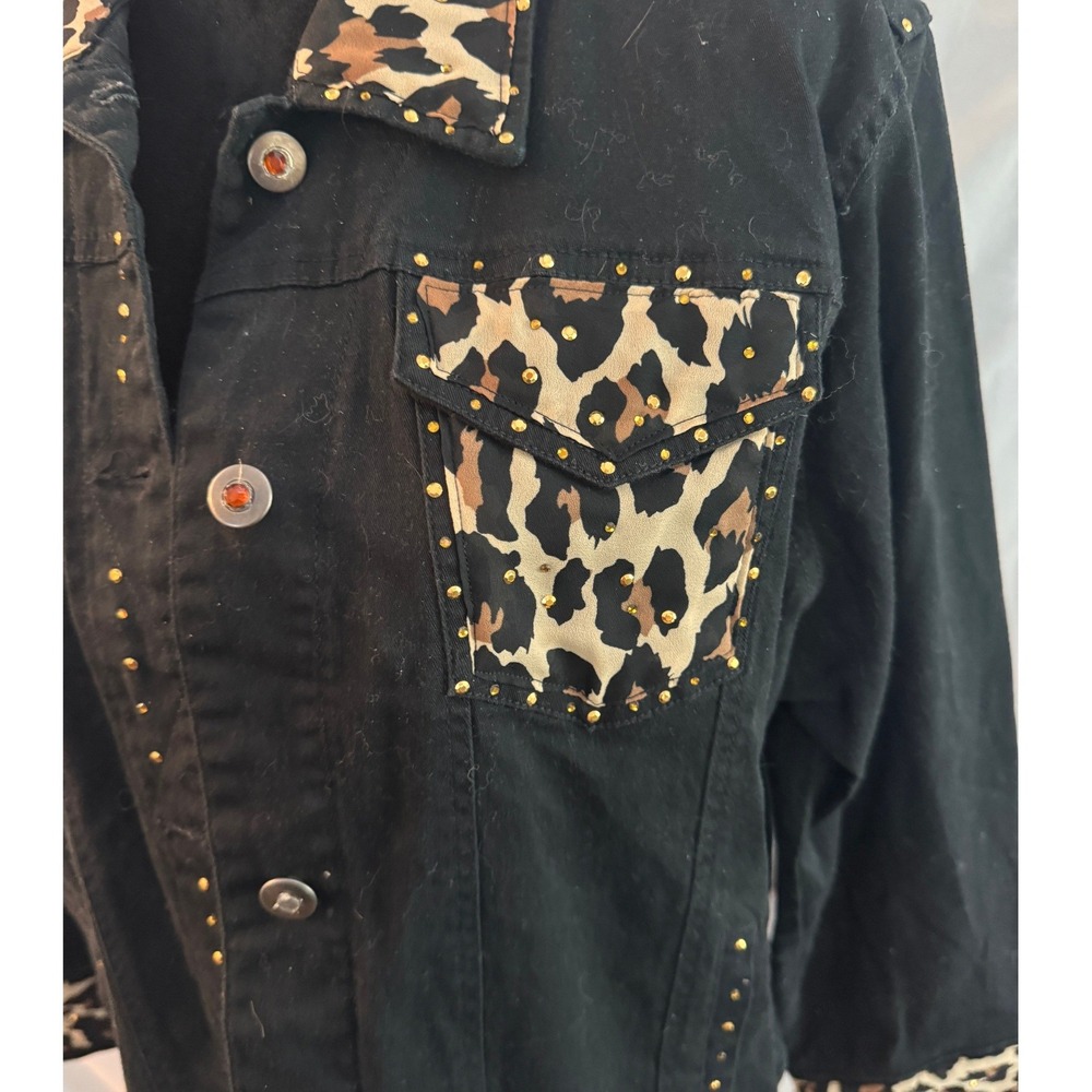 Janie New York Black Denim Jacket Leopard Print Studded Trucker Women Large - Picture 2 of 13